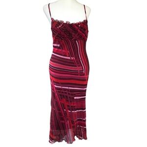 Y2K Jonathon Martin 10 Red Geometric Print Milkmaid Handkerchief Hem Midi Dress